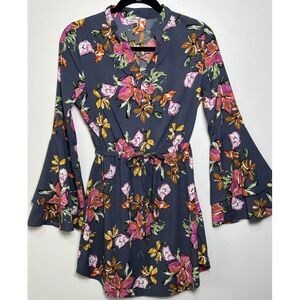 Hint Of Blush Long Flared Sleeve Flowered Dress Elastic Cinch Waist India Small